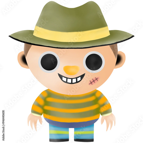A cheerful Freddy Krueger cartoon character stands confidently, wearing a green hat and a bright striped shirt. The character has big eyes and a bright smile, on a transparent background.