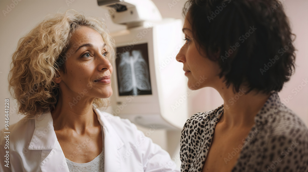 Female doctor discussing mammogram results with patient in medical office Female doctor discussing mammogram results with patient in medical office