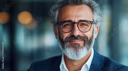 Portrait of a smiling middle-aged man with glasses and a white beard, wearing a suit jacket, standing against a blurred indoor background with soft lighting.