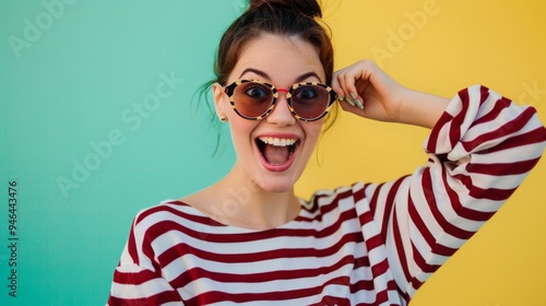 A woman wearing a striped shirt and sunglasses is smiling