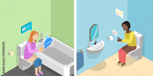 3D Isometric Flat Vector Illustration of Social Media Addiction, People Sitting on Toilet and Chatting with Friends