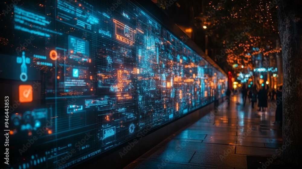 Holographic projections showcasing carbon footprint data illuminate a bustling city street, enhancing eco-awareness after dark. Holographic projections showcasing carbon footprint data illuminate a bustling city street, enhancing eco-awareness after dark.