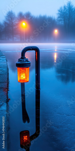 Wallpaper Mural A tranquil scene featuring a glowing street lamp reflecting in a foggy, misty pool of water at dawn. Torontodigital.ca
