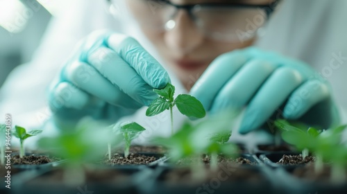 A scientist wearing gloves, carefully tending to young seedlings in a laboratory setting, represents scientific research and innovation in plant biology and agricultural science. photo