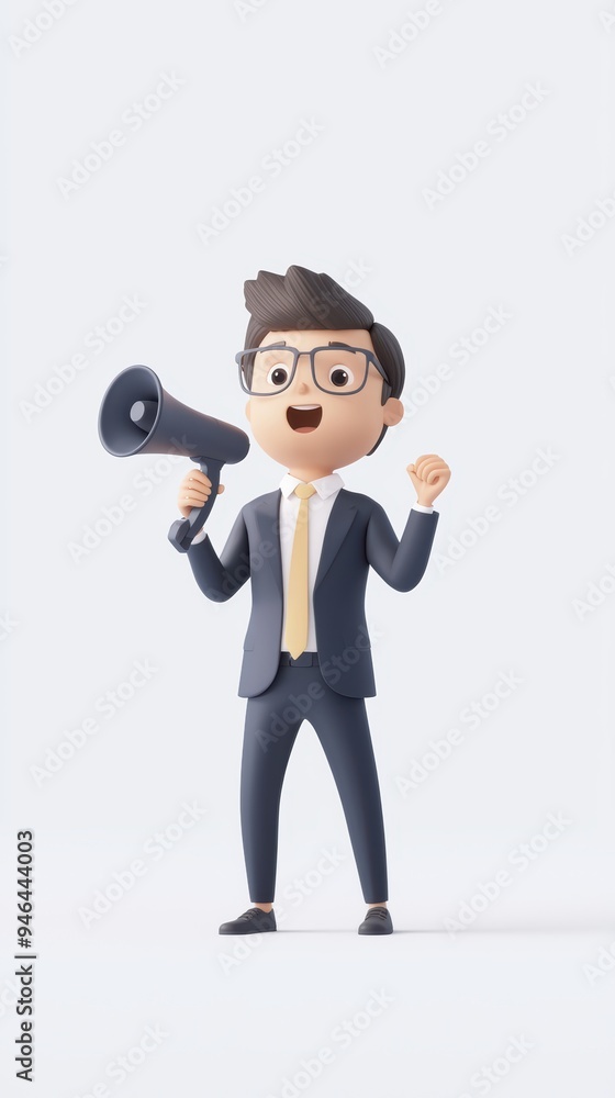Businessman holding a megaphone, making an announcement, 3D character illustration Businessman holding a megaphone, making an announcement, 3D character illustration