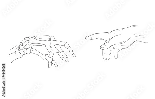 A line drawing of a skeletal hand reaching towards a human hand.