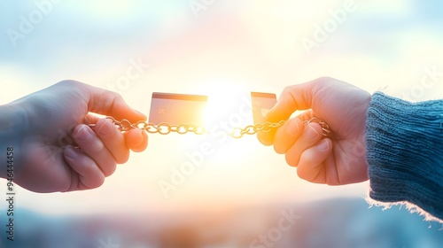 Hands Breaking Credit Card Chain at Sunrise Symbolizing Financial photo