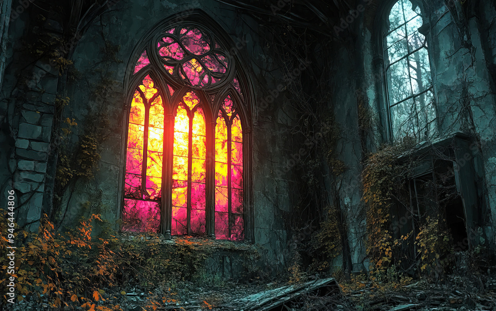 Fototapeta premium An eerie abandoned space with vibrant stained glass windows illuminating a dark interior, surrounded by nature's reclaiming touch.