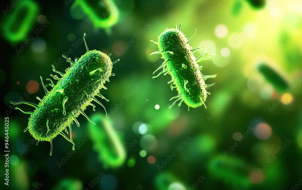 Microscopic view of vibrant green bacteria floating in a luminous environment, showcasing the beauty of microbiology. Microscopic view of vibrant green bacteria floating in a luminous environment, showcasing the beauty of microbiology.
