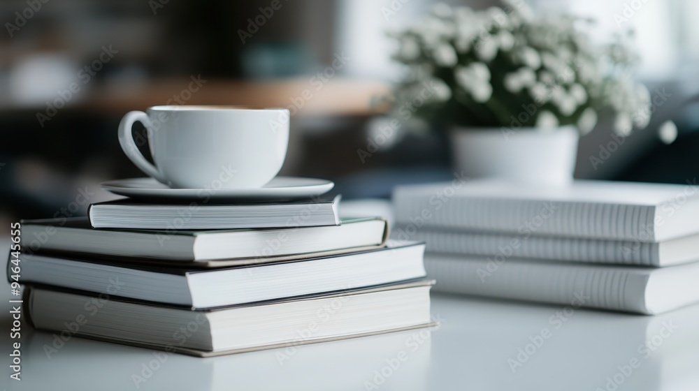 An arrangement of a stack of books with a white coffee cup placed on top, set on a clean, white surface, with an out-of-focus background featuring flowers. An arrangement of a stack of books with a white coffee cup placed on top, set on a clean, white surface, with an out-of-focus background featuring flowers.