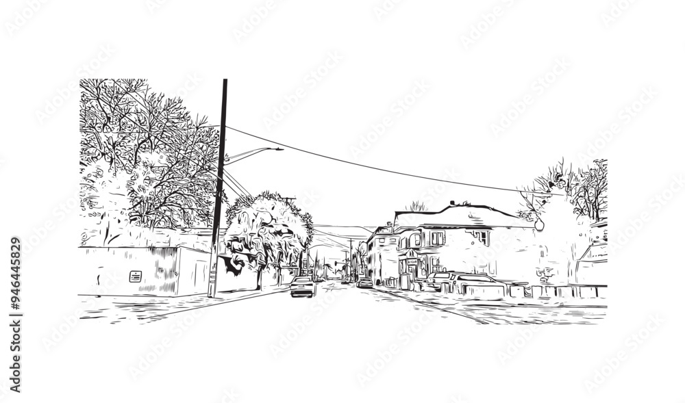 Obraz premium Print Building view with landmark of Stockton is the city in California. hand drawn sketch illustration in vector.