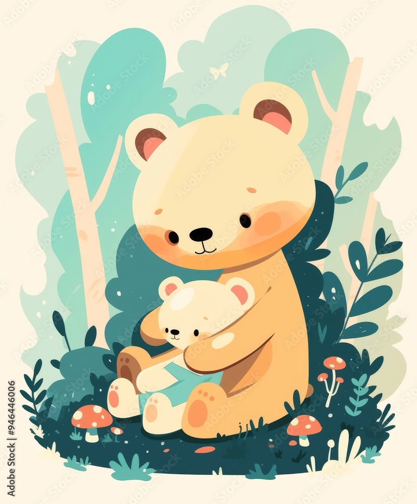 Cute Bear Cub Hugging Teddy in Cozy Pastel Woodland Scene Cute Bear Cub Hugging Teddy in Cozy Pastel Woodland Scene