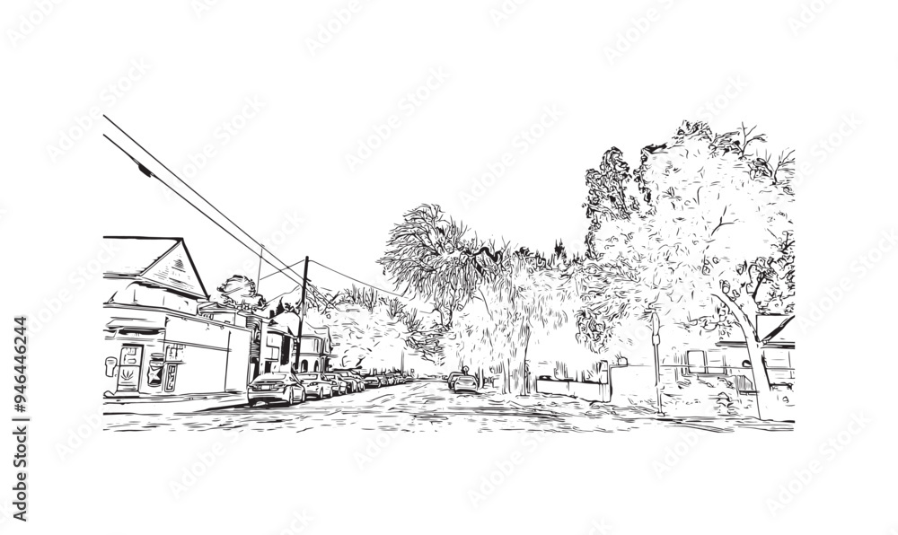 Obraz premium Print Building view with landmark of Stockton is the city in California. hand drawn sketch illustration in vector.