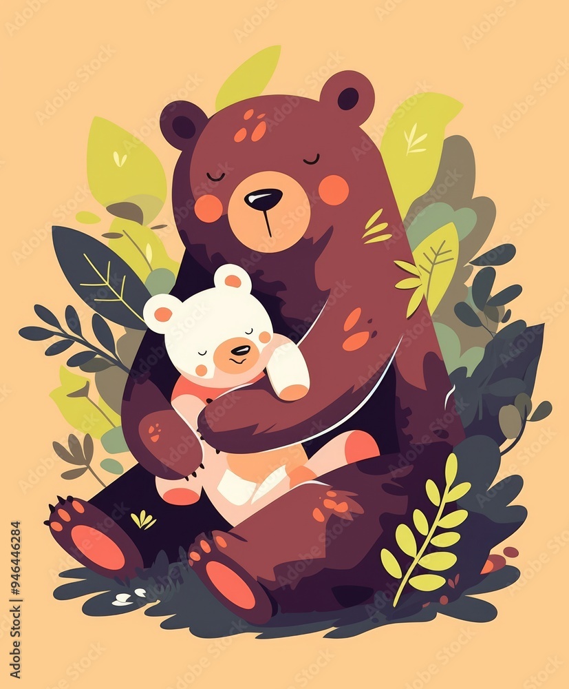 Cute Bear Cub Hugging Teddy in Cozy Pastel Woodland Scene Cute Bear Cub Hugging Teddy in Cozy Pastel Woodland Scene