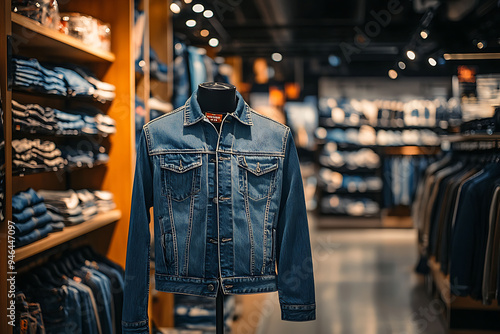 Warm Winter denim Jacket In Store Of Shopping Center. shelf display in shop mall store. photo