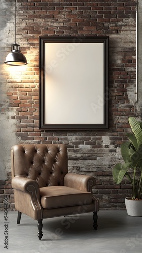 Surreal digital art showcasing a mockup frame in a cozy farmhouse inspired living room interior  The scene features a vintage leather chair exposed brick accent wall and warm hued lighting