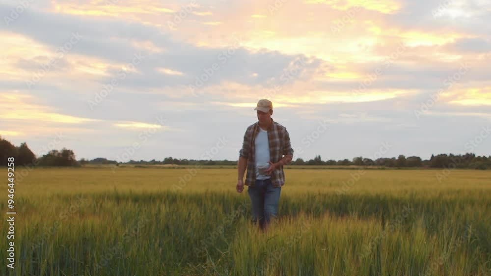 Farmer in front of a sunset agricultural landscape. Man in a countryside field. Country life, food production, farming and country lifestyle concept. Farmer in front of a sunset agricultural landscape. Man in a countryside field. Country life, food production, farming and country lifestyle concept.