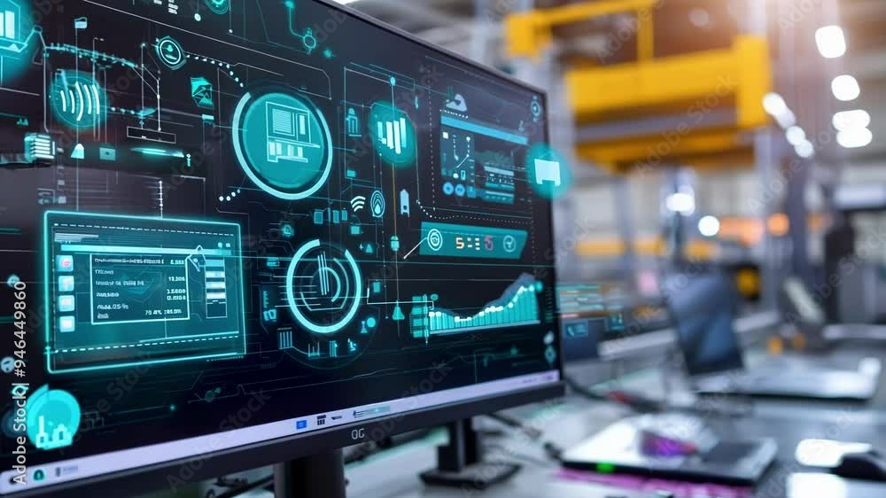 Computer analyzes production in a factory, showcasing technology and industry efficiency Computer analyzes production in a factory, showcasing technology and industry efficiency