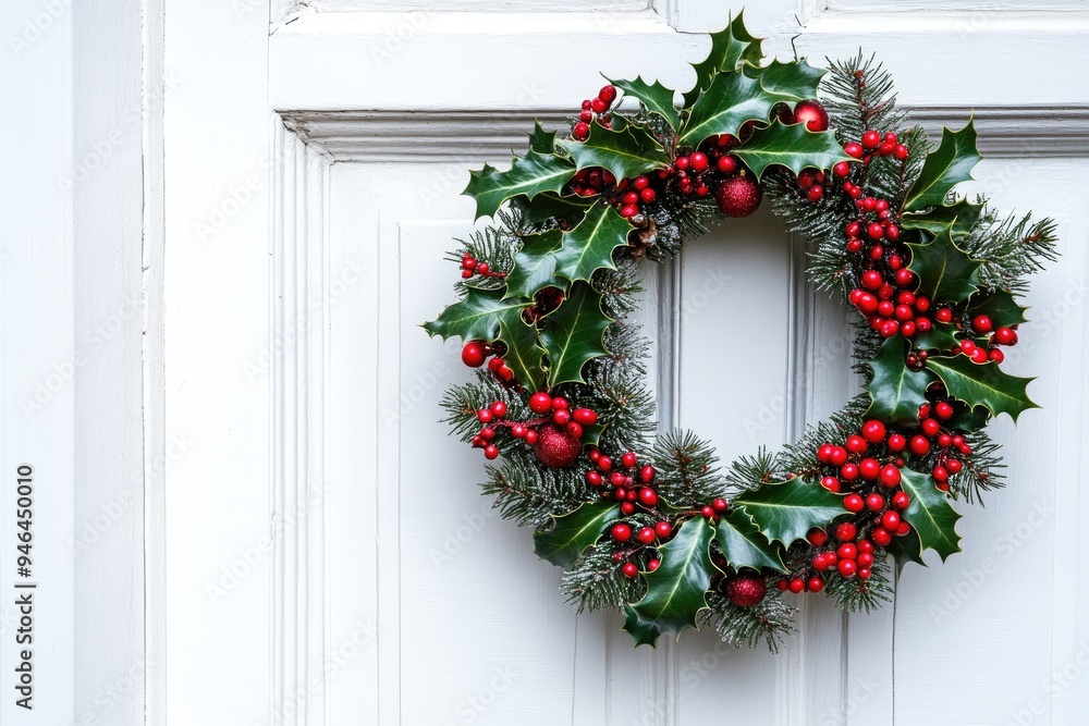 Christmas background with a wreath made of holly and pine branches on a white door Christmas background with a wreath made of holly and pine branches on a white door
