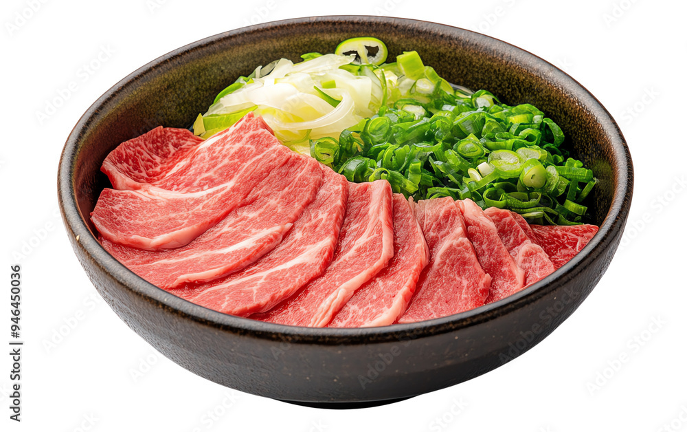 A beautifully arranged bowl of fresh sliced beef, topped with green onions, perfect for gourmet meals or culinary presentations. A beautifully arranged bowl of fresh sliced beef, topped with green onions, perfect for gourmet meals or culinary presentations.