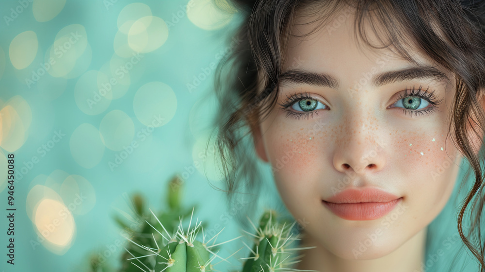 Fototapeta premium Beautiful girl advertising face cream aftershave hair removal youth with a cactus