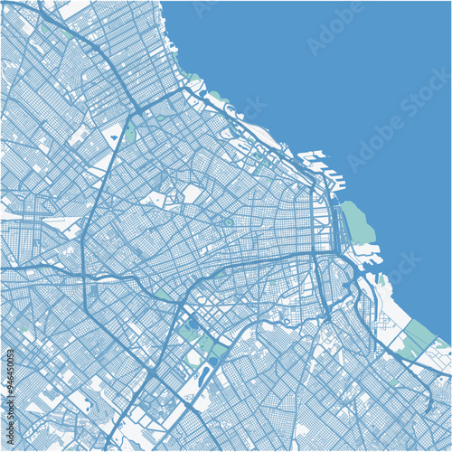 Map of Buenos Aires in Argentina in blue. Contains layered vector with roads water, parks, etc.