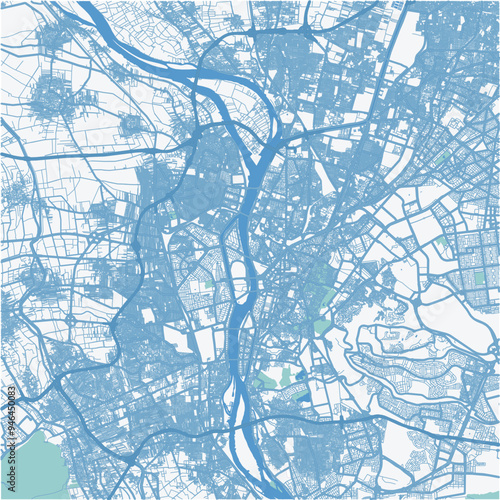 Map of Cairo in Egypt in blue. Contains layered vector with roads water, parks, etc.