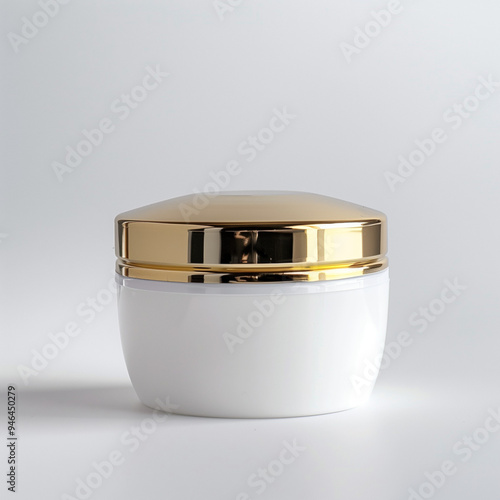 White Cosmetic Jar with Gold Lid on Minimalist White Background, Perfect for Skincare and Beauty Product Mockups