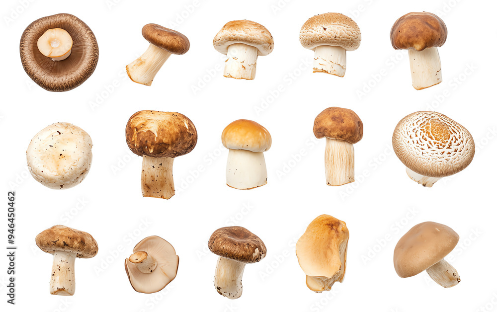 A collection of various mushrooms displayed artistically, showcasing their unique shapes and colors for culinary or botanical use.