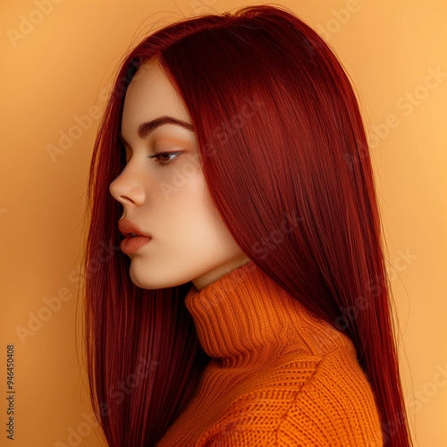 Portrait of a Young Woman with Dark Red Hair in Profile, Wearing an Orange Turtleneck on a Warm Background