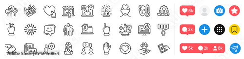 Vacancy, Touchscreen gesture and Nurse line icons pack. Social media icons. Hand, Heart target, Market seller web icon. Like video, Yoga, Pets care pictogram. Click hand, Teamwork, Group. Vector