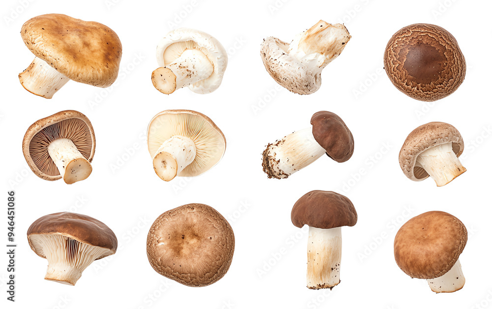 A variety of fresh mushrooms arranged neatly, showcasing different colors and textures, perfect for culinary themes. A variety of fresh mushrooms arranged neatly, showcasing different colors and textures, perfect for culinary themes.