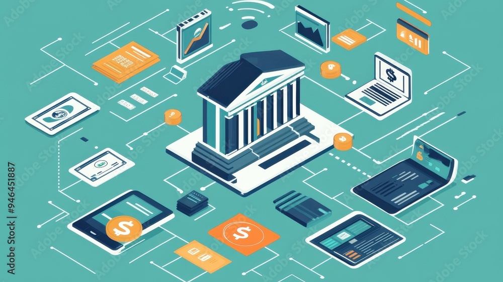 A detailed illustration showcases a financial ecosystem with digital devices connecting to a central banking hub, representing modern finance A detailed illustration showcases a financial ecosystem with digital devices connecting to a central banking hub, representing modern finance