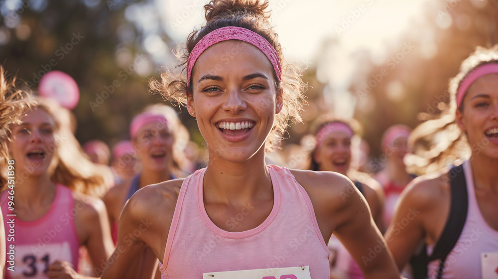 © IllustrateMuse - Smiling women running in breast cancer awareness race with pink shirts © IllustrateMuse - Smiling women running in breast cancer awareness race with pink shirts