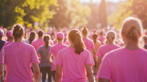 Participants walking in breast cancer awareness event with pink shirts