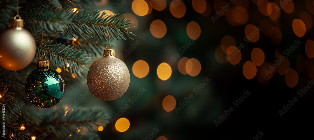 Christmas Tree In Green Night - Golden Balls With Bokeh Lights In Abstract Background Christmas Tree In Green Night - Golden Balls With Bokeh Lights In Abstract Background