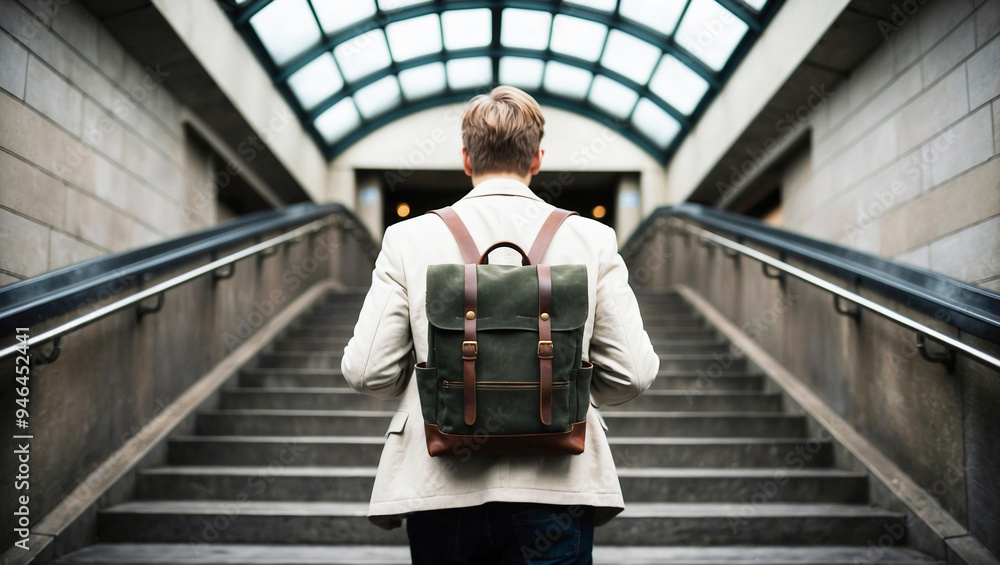 custom made wallpaper toronto digitalBack View of a Person with a Backpack Walking Up the Stairs Towards an Industrial-Style Archway