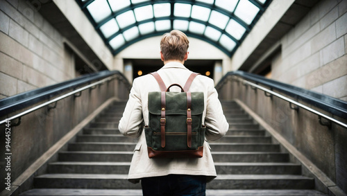 Wallpaper Mural Back View of a Person with a Backpack Walking Up the Stairs Towards an Industrial-Style Archway Torontodigital.ca