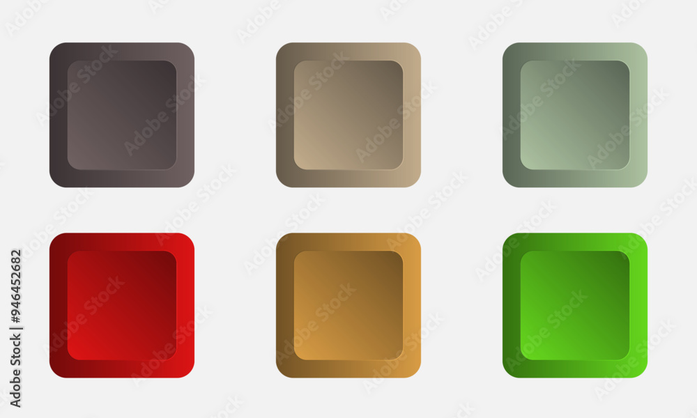 Set of square metal buttons of different colors on a white isolated background, vector illustration. Set of square metal buttons of different colors on a white isolated background, vector illustration.