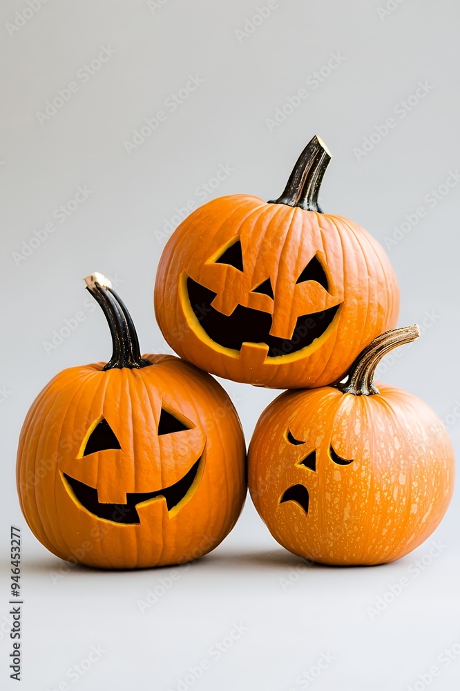 Three carved pumpkins with different facial expressions for Halloween decoration. Three carved pumpkins with different facial expressions for Halloween decoration.