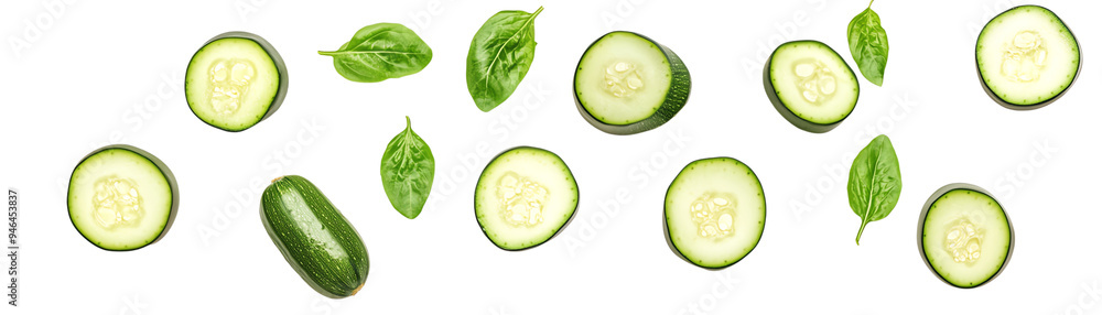 Fresh cucumber slices and basil leaves arranged beautifully, perfect for salads, garnishes, or healthy recipes. Fresh cucumber slices and basil leaves arranged beautifully, perfect for salads, garnishes, or healthy recipes.