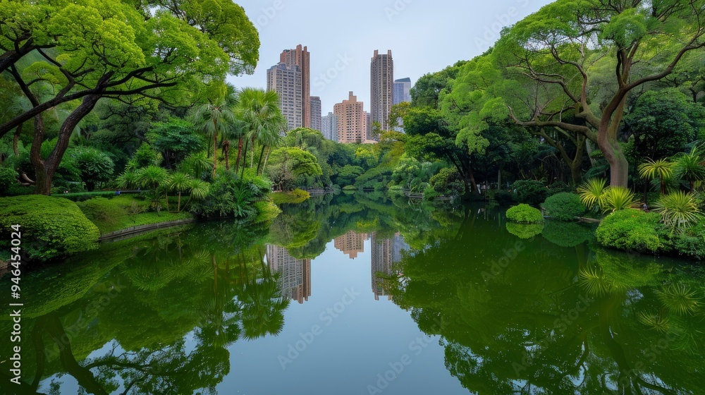 Urban Oasis Tranquil Pond with City Skyline Reflection Urban Oasis Tranquil Pond with City Skyline Reflection