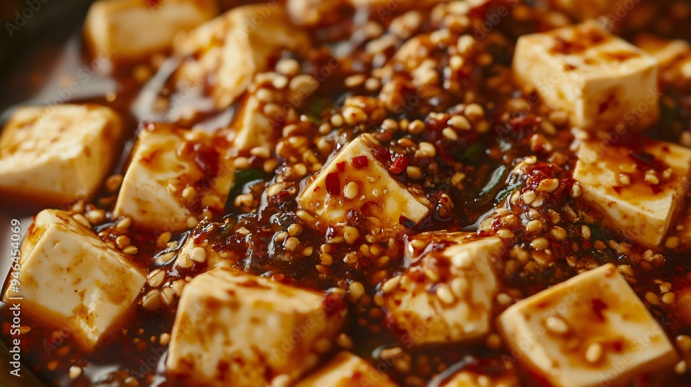 A close up of a plate of Mapo tofu, spicy and fragrant, with soft tofu cubes swimming in a rich, chili-laden sauce, sprinkled with Sichuan peppercorns A close up of a plate of Mapo tofu, spicy and fragrant, with soft tofu cubes swimming in a rich, chili-laden sauce, sprinkled with Sichuan peppercorns