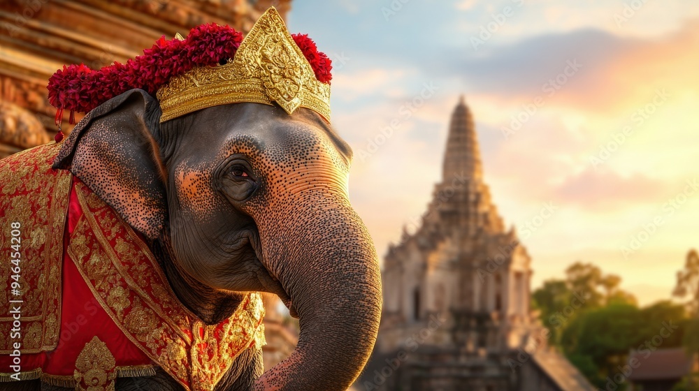 Fototapeta premium An elephant is standing in front of a building with a gold crown on its head