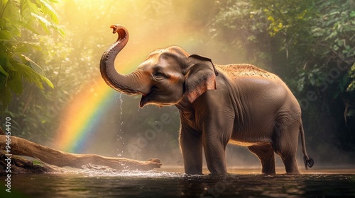 A large elephant is standing in a river, spraying water on itself