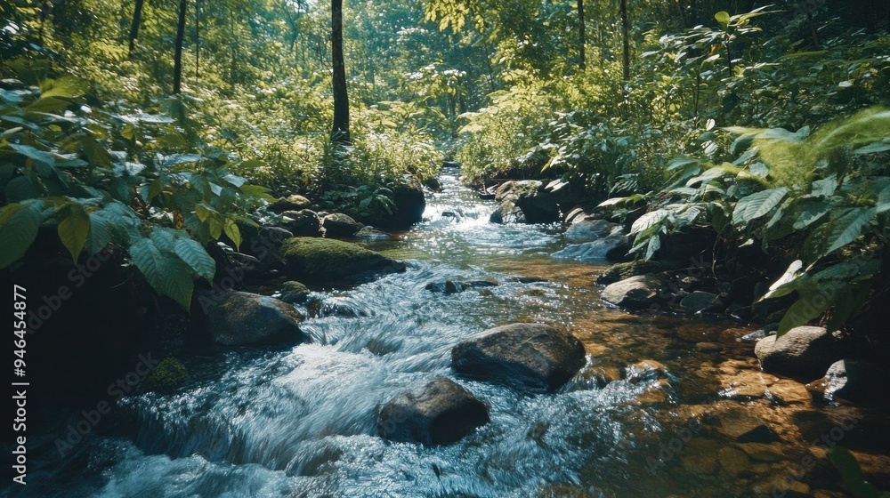 Obraz premium Small forest stream flowing over rocks, surrounded by dense greenery and tall trees
