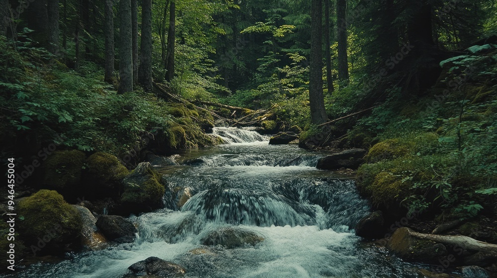 Fototapeta premium Small forest stream flowing over rocks, surrounded by dense greenery and tall trees