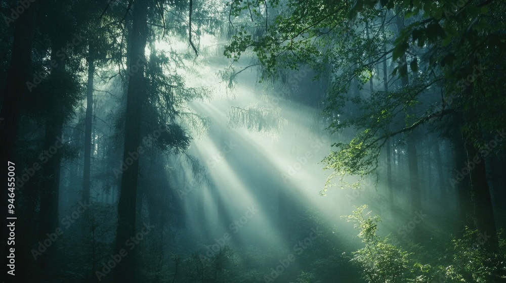Fototapeta premium Sunlight breaking through morning mist in a dense forest, creating a mystical and serene atmosphere