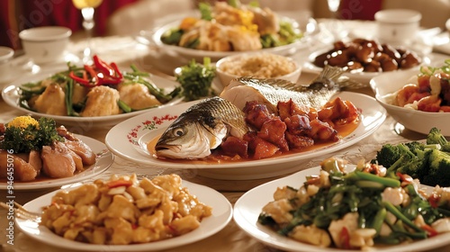 A festive Chinese banquet table featuring a variety of dishes, including steamed fish, braised pork, and stir-fried vegetables