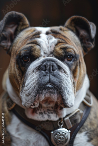 Close-up of a bulldog guard with a badge but loyalty bought by the animal mafia, eyes telling tales of betrayal and corruption, 16k, high quality--s 750